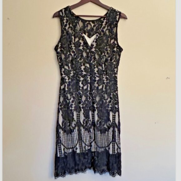 NWT MSLG Women Elegant Round Neck V-back Floral Lace Cocktail Party Dress Size L - Picture 2 of 16